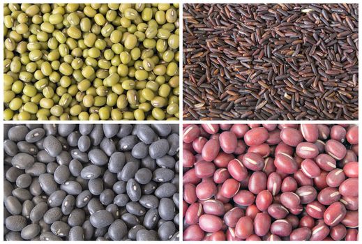 Red Green Black Beans and Glutinous Black Rice Grain Closeup Collage