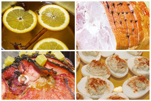 Christmas Dinner Collage with Cooked Ham with Pineapple Clove Deviled Eggs Apple Cider with Cinnamon Sticks and Orange Slices
