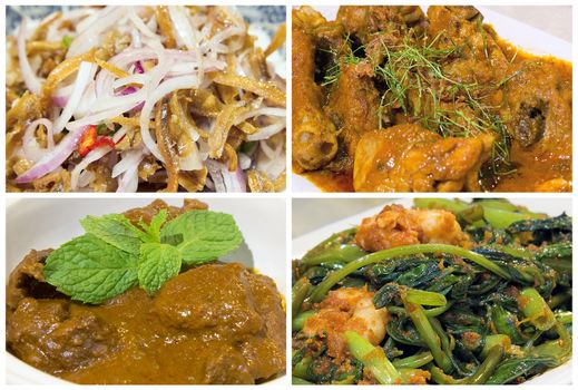 Nyonya Peranakan Food Collage with Beef Rendang Curry Chicken Ikan Bilis Chili Onions and Kangkong Prawns Dish Closeup Collage