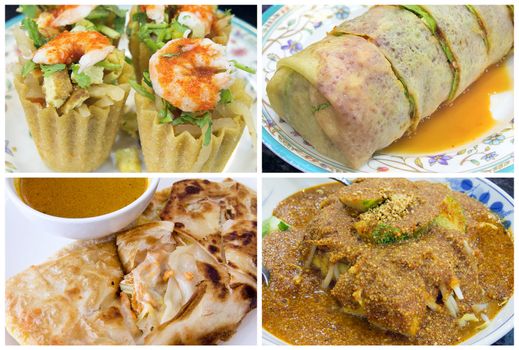 Southeast Asian Singapore Local Dishes Closeup og Poh Piah Kueh Pie Tee Roti Prata Tauhu Goreng Collage