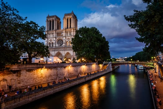 Notre Dame de Paris Cathedral and Seine River in the Evening, Paris, France
