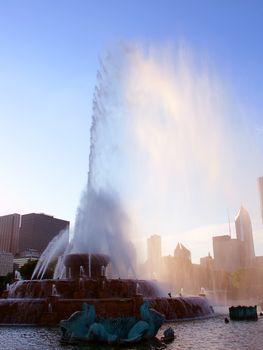 Chicago, USA - June 07, 2005: Beautiful Buckigham Fountain in Grant Park of Chicago, Illinois.  The fountain has been a centerpiece to Grant Park since the late 1920's.