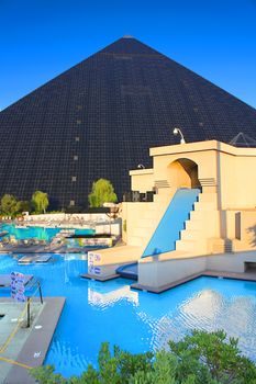 Las Vegas, USA - August 19, 2009: Luxor Las Vegas is an Egyptian themed hotel and casino on the famous Las Vegas Strip.  Luxor opened in 1993 and features this pyramid shaped hotel building.