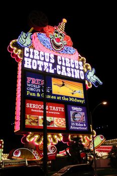 Las Vegas, USA - August 26, 2009: Circus Circus Las Vegas clown sign in Nevada.  Circus Circus opened on the famous Las Vegas Strip in 1968.
