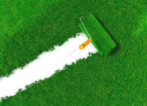 a top view of a paint roller with an orange handle that is finishing to paint a white ground using lawn instead a colour