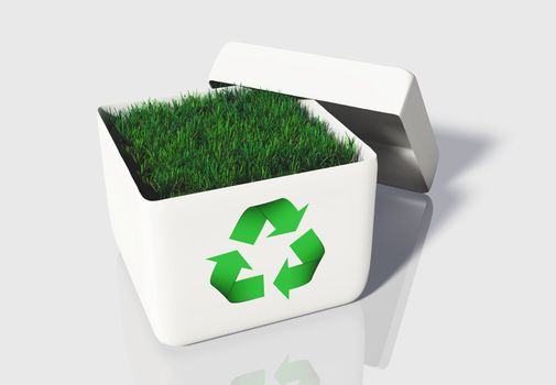 a small quantity of green grass is contained into a white uncovered box with a recycling symbol printed on its front side, on a white background.