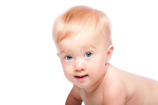 Cute beautiful happy adorable infant baby face with blue eyes, isolated.
