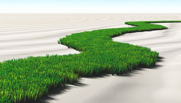 a path made of lawn that grows in a desert of sand, winds toward a unknown destination in a sunny day