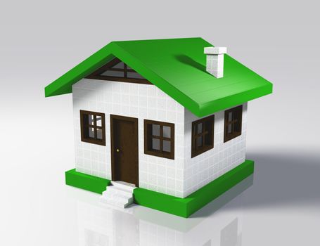 a 3D rendering of a small model of house with base and roof that are green, walls and chimney that are white, wooden frames, on a white background