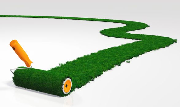 a paint roller with an orange handle, is painting a grassy path on a white ground using lawn instead a colour