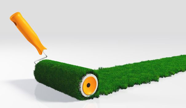 a paint roller with an orange handle, is painting a grassy strip on a white ground using lawn as colour