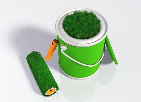 a grassy paint roller rests to a uncovered pot with its orange handle, and you can see some green lawn that appears from the aperture of the pot. On a white background