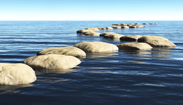 a path made of stones that stay above the surface of deep water, winds toward a unknown destination in a sunny day