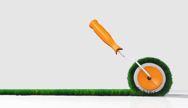 a side view of a paint roller with an orange handle, that is painting a grassy strip on a white ground using lawn as colour