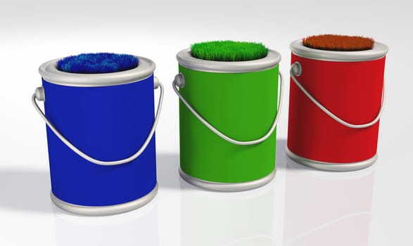 a closeup of a three uncovered pots that have different colors, where you can see some colored lawn that appears from their aperture. On a white background