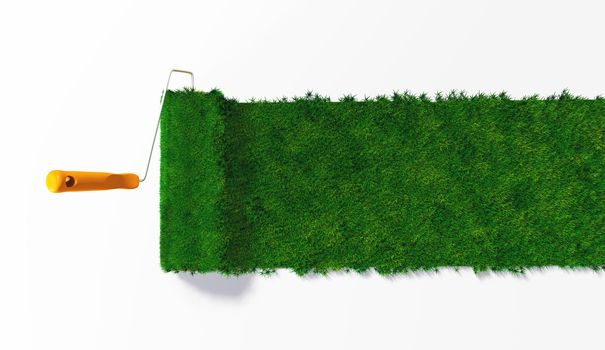 a top view of a paint roller with an orange handle, that is painting a grassy strip on a white ground using lawn as colour