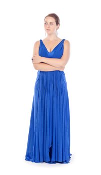 Full length portrait of a beautiful young woman in blue dress