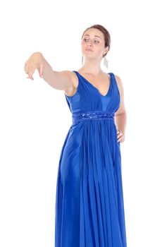 Portrait of a beautiful young woman in blue dress, holds out his hand on white background