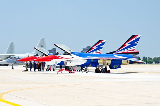 BANGKOK, THAILAND - MARCH 23: Airplanes F16 on  Breitling Jet Team Under The Royal Sky at Don Muang Air Force Bangkok, Thailand on March 23, 2013