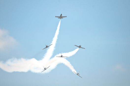 BANGKOK, THAILAND - MARCH 23: Airplanes L - 39UTI  Breitling Jet Team Under The Royal Sky in Don Muang Air Force in Bangkok, Thailand on March 23, 2013