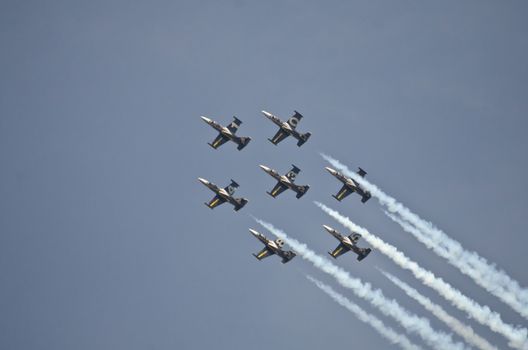 BANGKOK, THAILAND - MARCH 23: Airplanes L - 39UTI  Breitling Jet Team Under The Royal Sky in Don Muang Air Force in Bangkok, Thailand on March 23, 2013