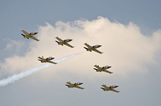 BANGKOK, THAILAND - MARCH 23: Airplanes L - 39UTI  Breitling Jet Team Under The Royal Sky in Don Muang Air Force in Bangkok, Thailand on March 23, 2013