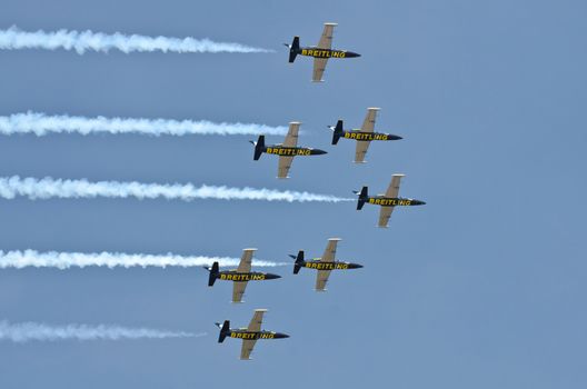 BANGKOK, THAILAND - MARCH 23: Airplanes L - 39UTI  Breitling Jet Team Under The Royal Sky in Don Muang Air Force in Bangkok, Thailand on March 23, 2013