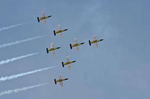 BANGKOK, THAILAND - MARCH 23: Airplanes L - 39UTI  Breitling Jet Team Under The Royal Sky in Don Muang Air Force in Bangkok, Thailand on March 23, 2013