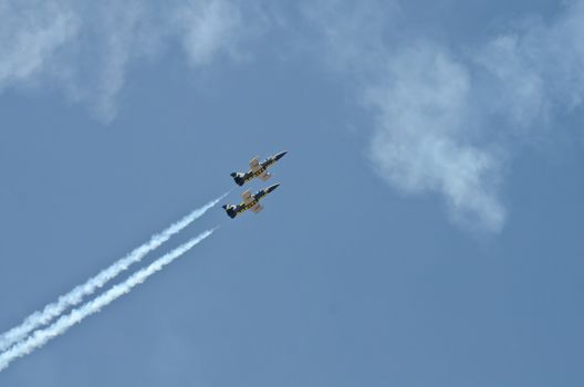 BANGKOK, THAILAND - MARCH 23: Airplanes L - 39UTI  Breitling Jet Team Under The Royal Sky in Don Muang Air Force in Bangkok, Thailand on March 23, 2013