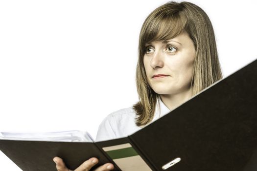 Young woman holding an open file folder, isolated on white background