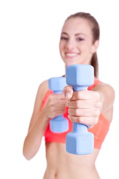 healthy smiling girl fitness workout with dumbbell isolated on white