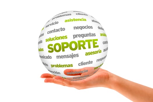 Hand holding a Support Word Sphere on white background.