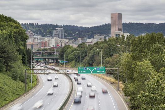 I-84 to I-5 Interstate Freeway in Portland Oregon with Long Exposure Vehicle Traffic Motion