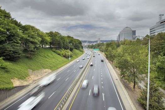 I-84 Interstate Freeway in Portland Oregon with Long Exposure Vehicle Traffic Motion