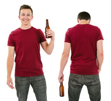 Photo of a male in his late teens posing with a blank burgundy shirt and holding a beer bottle.  Front and back views ready for your artwork or designs.
