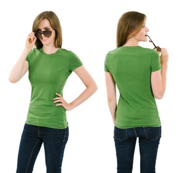 Photo of a young adult female posing with a blank green shirt.  Front and back views ready for your artwork or designs.
