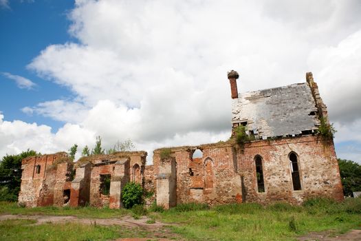 old house with nest on the roof