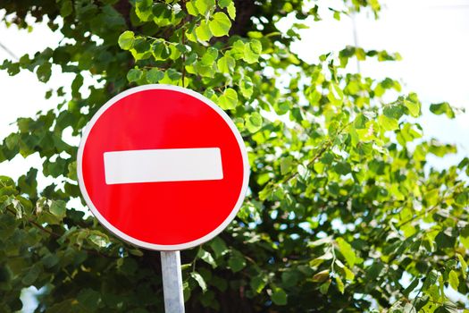 red traffic sign near the tree