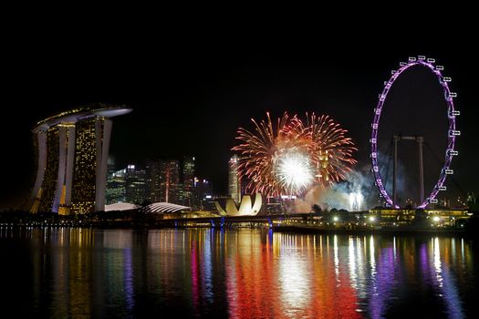 Fireworks over Marina bay in Singapore