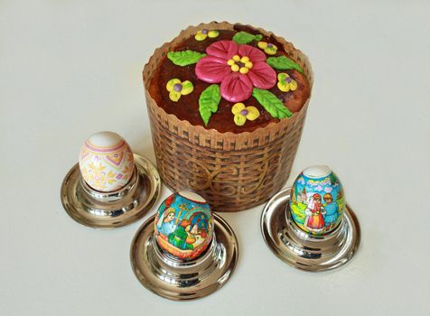 Easter cake and colored easter eggs close to