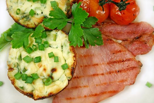 Ricotta and spinach tarts with bacon and oven baked balsamic cherry tomatoes.