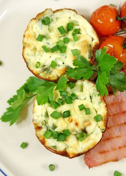 Crisp ricotta and spinach tarts with bacon and oven baked balsamic cherry tomatoes.