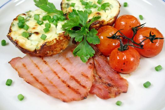 Ricotta and spinach tarts with bacon and oven baked balsamic cherry tomatoes.