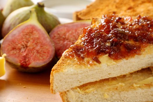 Delicious homemade fig jam spread on a slice of toast.