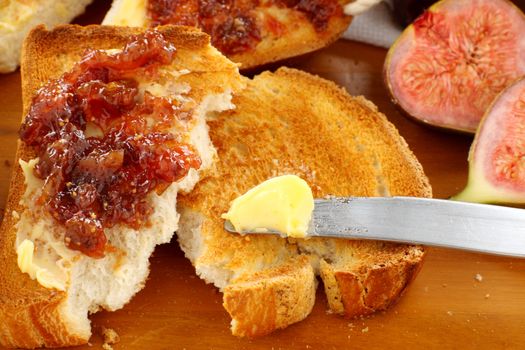 Delicious homemade fig jam spread on a slice of toast.