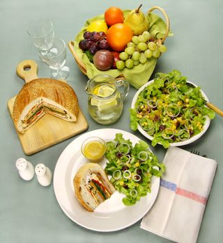 Delicious savory cob loaf filled with ham, salami, aubergine, cottage cheese and vegetables with a corn salad.