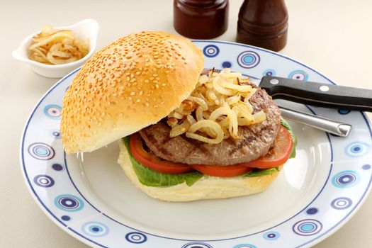 Freshly cooked hamburger with fried onions and a sesame seed roll.