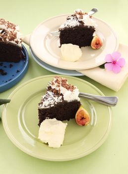 Delicious slices of chocolate mud cake ready to serve.