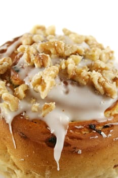 Delicious sweet iced bun with walnuts and coconut.