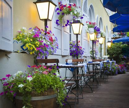 Tables in a German bar decorated with flowers